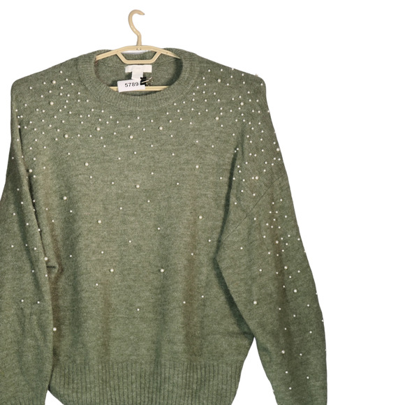 H&M Green Fuzzy Wool Blend Sweater Women M Faux Pearl Embellished Soft Cozy Chic - Picture 3 of 8